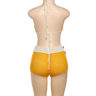 Halter flower applique backless short pant set