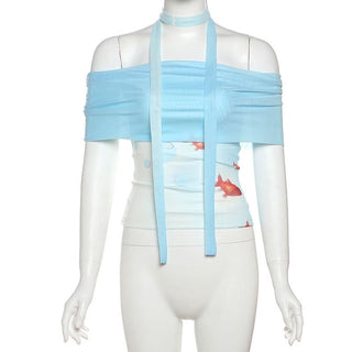 Off shoulder mesh fish print top