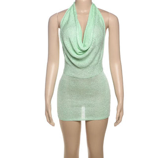 Halter cowl neck knitted backless mini dress