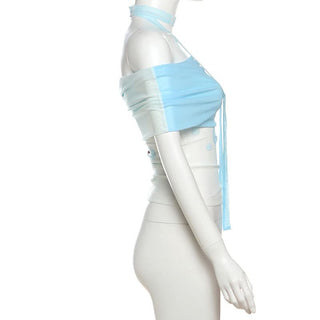 Off shoulder mesh fish print top