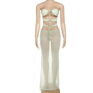 Self tie hollow out mesh maxi skirt set