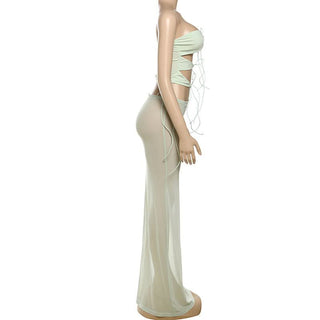 Self tie hollow out mesh maxi skirt set