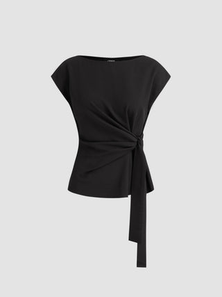 Woven Boat Neck Stripe Knotted Oversized Top For Work