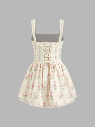 Linen-blend Floral Broderie Anglaise Trim Layered Lace Up Mini Dress