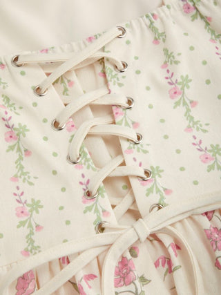 Linen-blend Floral Broderie Anglaise Trim Layered Lace Up Mini Dress