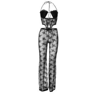 Lace halter hollow out lace up jumpsuit