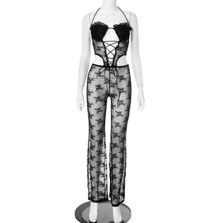 Lace halter hollow out lace up jumpsuit