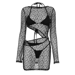 Long sleeve halter hollow out 3 piece cut out mini dress