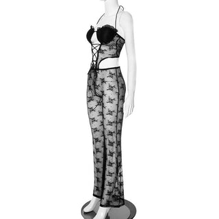 Lace halter hollow out lace up jumpsuit