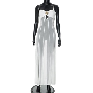 Mesh hollow out flower applique cami cut out maxi dress