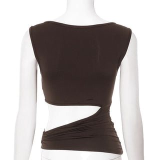 Sleeveless hollow out metal applique ruched cut out top