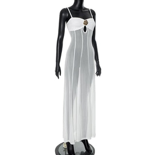 Mesh hollow out flower applique cami cut out maxi dress