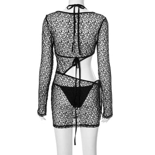 Long sleeve halter hollow out 3 piece cut out mini dress