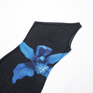 One shoulder flower print mesh maxi dress