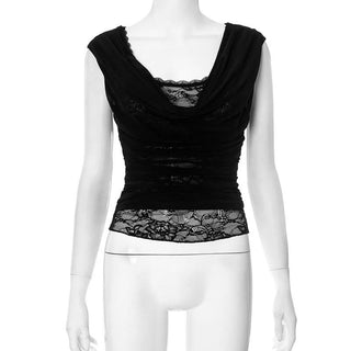 Ruched lace patchwork mesh top