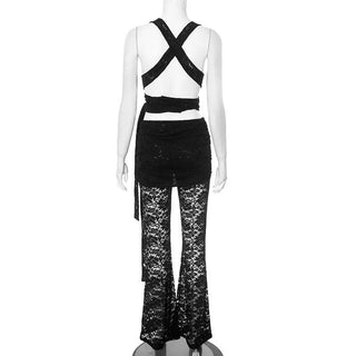 V neck lace knotted cross back pant set