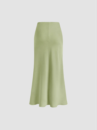 Satin Mid Rise Ruffle Bias Maxi Skirt