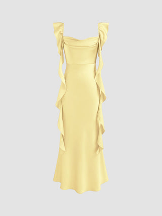 Satin Cowl Neck Solid Ruffle Hem Maxi Dress