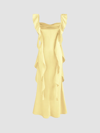 Satin Cowl Neck Solid Ruffle Hem Maxi Dress