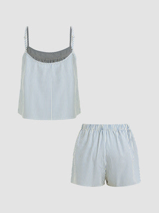 Cotton-blend U-neckline Stripe Lace Trim Cami Top & Mid Rise Elastic Waist Shorts Loungewear Set