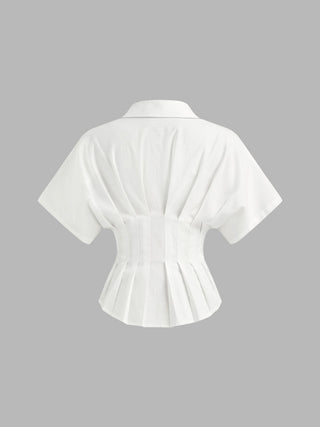 Linen-blend Linen-blend Collar V-neck Pleated Short Sleeve Shirt For Work
