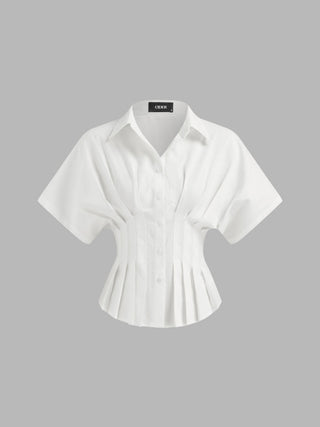 Linen-blend Linen-blend Collar V-neck Pleated Short Sleeve Shirt For Work