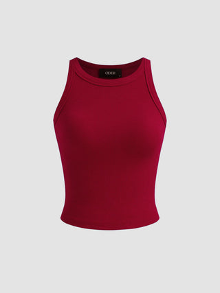 Cotton-blend Round Neckline Solid Tank Top