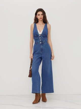 Denim V-neck Button Pocket Wide Leg Jumpsuit