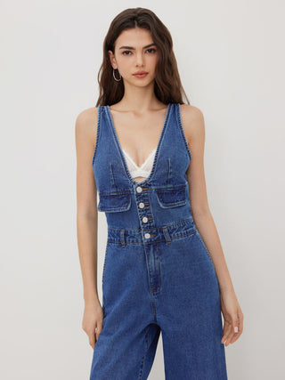 Denim V-neck Button Pocket Wide Leg Jumpsuit