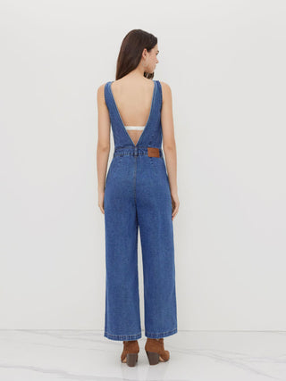 Denim V-neck Button Pocket Wide Leg Jumpsuit