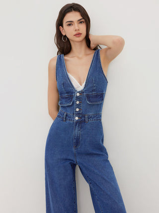 Denim V-neck Button Pocket Wide Leg Jumpsuit