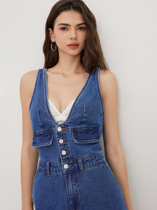 Denim V-neck Button Pocket Wide Leg Jumpsuit