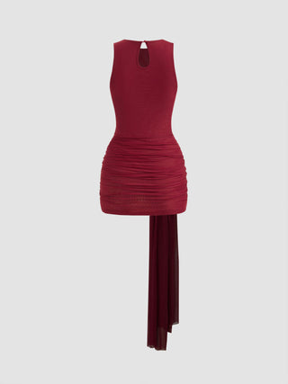 Mesh Draped Ruched Knotted Mini Dress