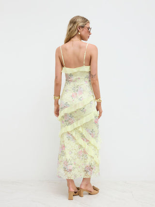 Lace V-neck Floral Ruffle Maxi Dress