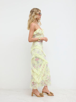 Lace V-neck Floral Ruffle Maxi Dress