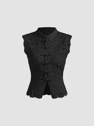 Lace Mandarin Collar Guipure Split Tank Top