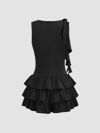 Boat Neck Ruched Ruffle Hem Layered Micro Romper