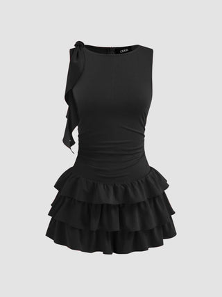 Boat Neck Ruched Ruffle Hem Layered Micro Romper
