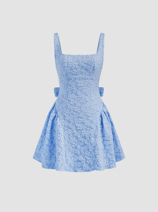 Jacquard U-neckline Floral Backless Bowknot Mini Dress