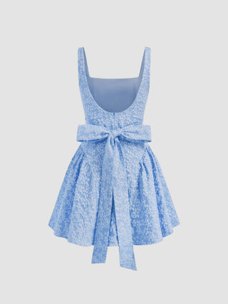 Jacquard U-neckline Floral Backless Bowknot Mini Dress