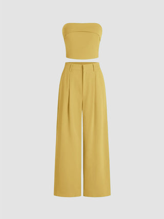 Two Piece Sets Woven Solid Shirred Tube Top & High Waist Pants Set For Daily Casual Exhibition Coffee Shop