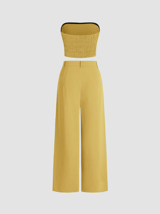 Two Piece Sets Woven Solid Shirred Tube Top & High Waist Pants Set For Daily Casual Exhibition Coffee Shop