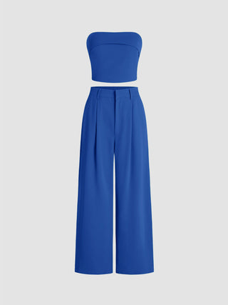 Two Piece Sets Woven Solid Shirred Tube Top & High Waist Pants Set For Daily Casual Exhibition Coffee Shop