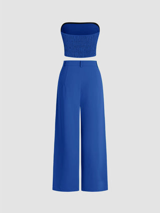Two Piece Sets Woven Solid Shirred Tube Top & High Waist Pants Set For Daily Casual Exhibition Coffee Shop