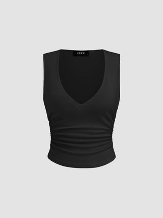 Cotton-blend V-neck Ruched Tank Top
