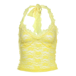 V neck lace halter self tie top