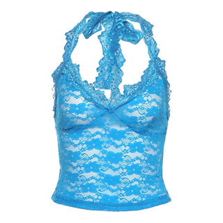V neck lace halter self tie top