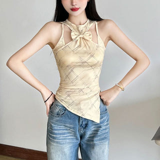 Bowknot hollow out plaid tank cut out top