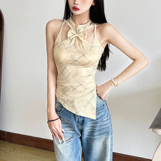 Bowknot hollow out plaid tank cut out top