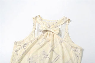 Bowknot hollow out plaid tank cut out top